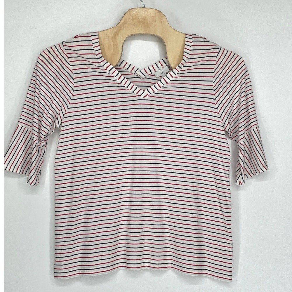 J. Jill Women Top XL Knit White Red Black Striped Bell Sleeve V-Neck